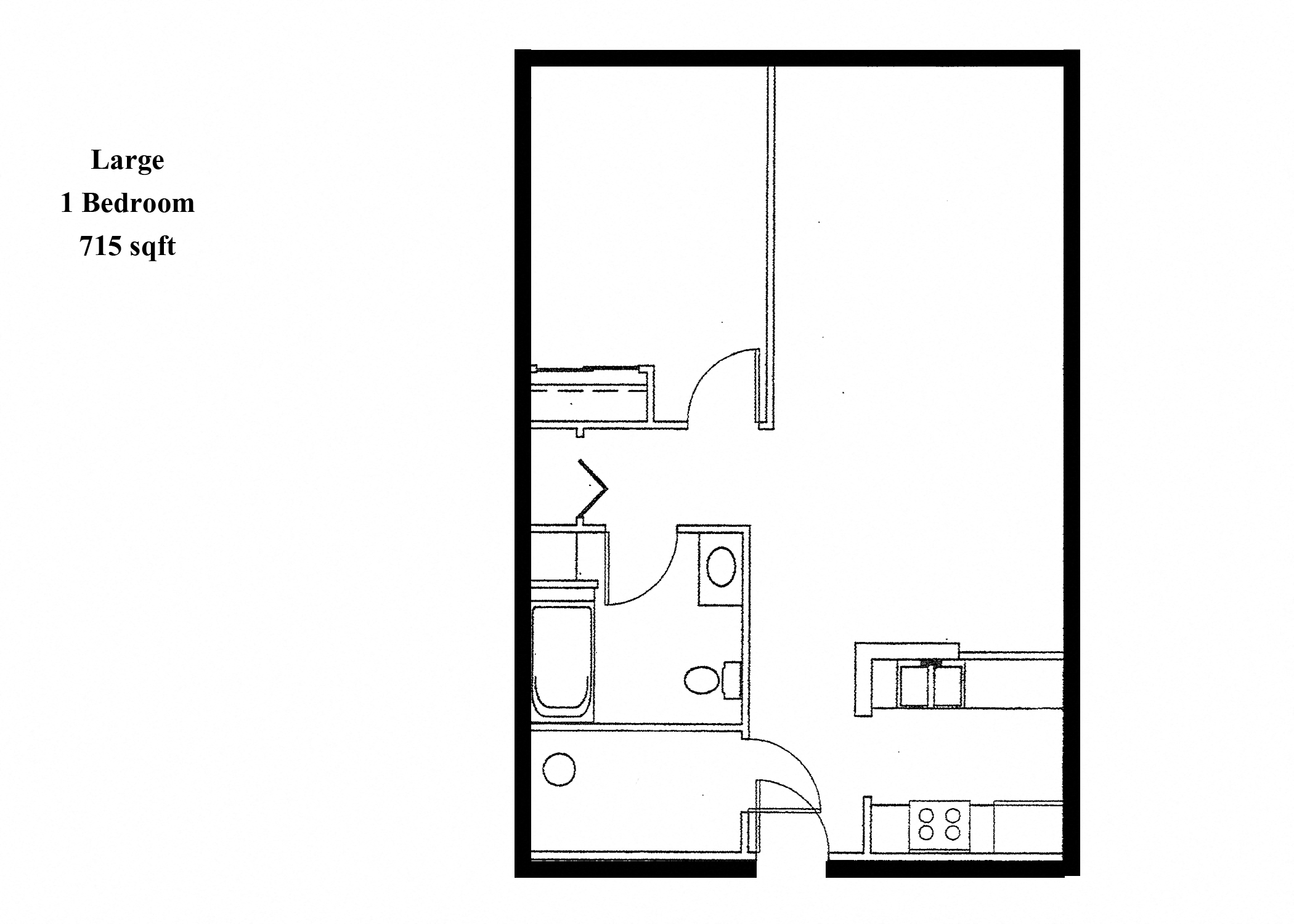 Floor plan for 1 bed, 1 bath, 715 sqft